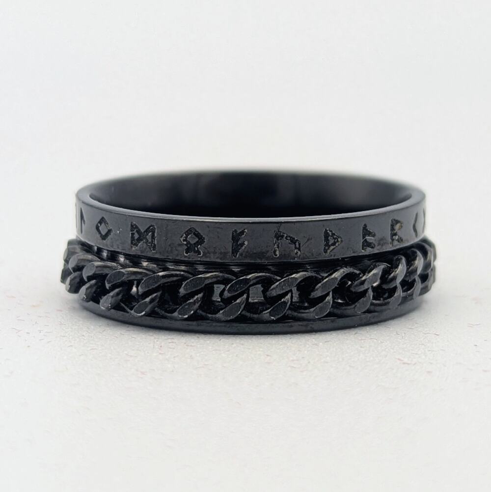 Black Spinner Ring Size 13 – Chain Link Design – Rune Engraved – Men’s Ring